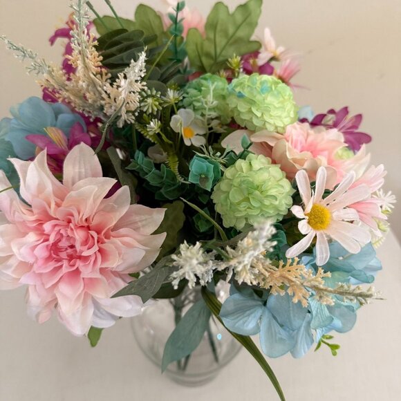 Upcycled Handcrafted Artificial Floral Arrangement Blue Green Pink Flowers OOAK - Picture 7 of 17